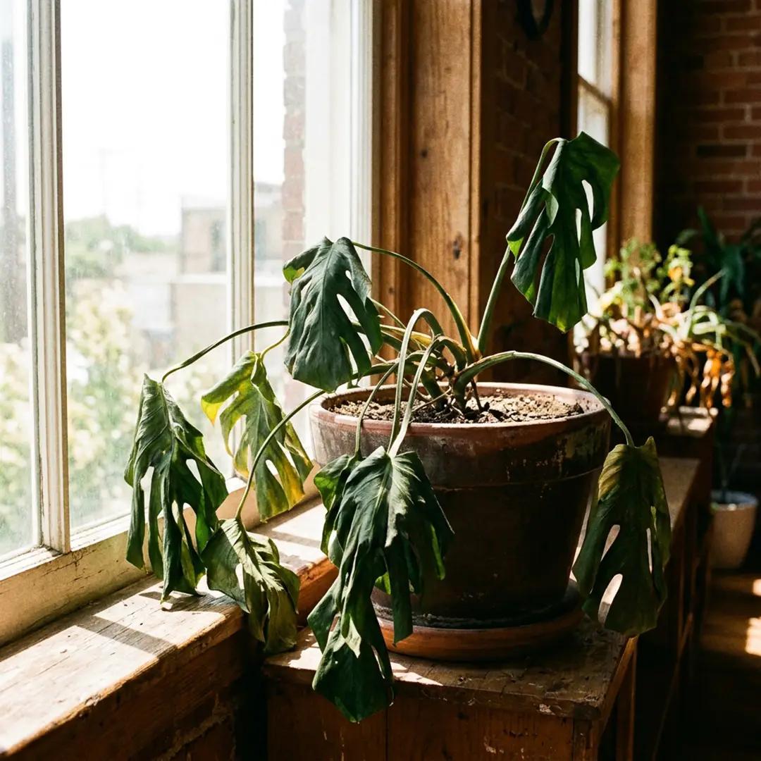 A tropical houseplant dramatically wilting near a large sunny window from intense heat and transpiration overload.