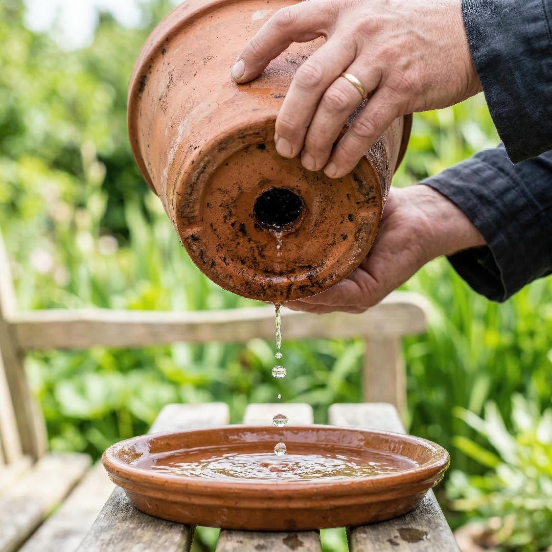 A close-up of the bottom of a terracotta pot showing a drainage hole with water droplets dripping through it.