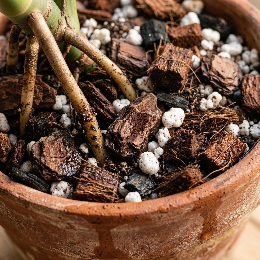 An extreme close-up of a chunky aroid soil mix in a terracotta pot showing bark chips, perlite, and coco coir.