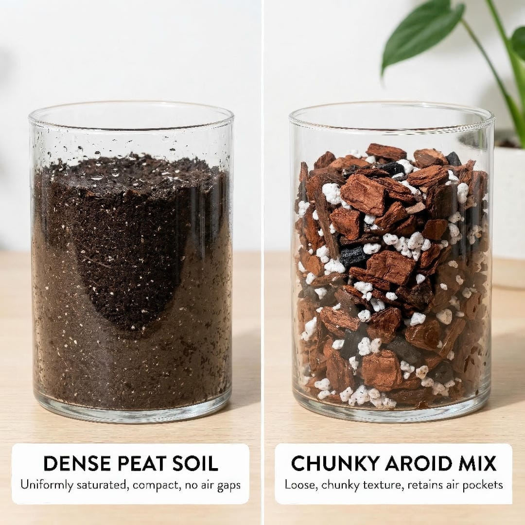 Two glass containers side by side: dense commercial potting soil on the left with no air pockets, and a chunky aroid mix on the right with visible bark and air gaps.