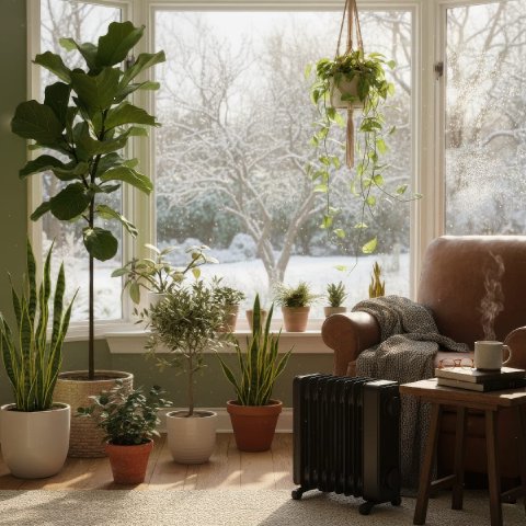 Houseplants arranged safely away from a radiator with balanced winter light.
