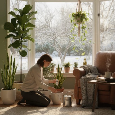 A person checking soil moisture with a finger before watering indoor plants in winter.
