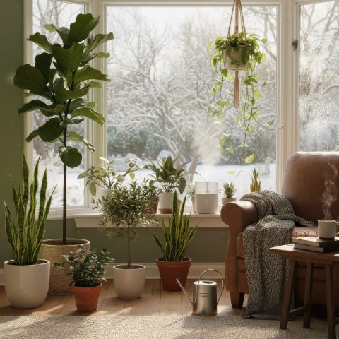 A humidifier gently misting near a shelf of indoor plants during winter.